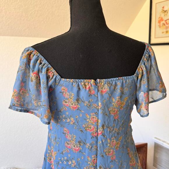 Lush Blue ditsy floral babydoll dress sz M milkmaid chiffon cottage romantic - Picture 3 of 8